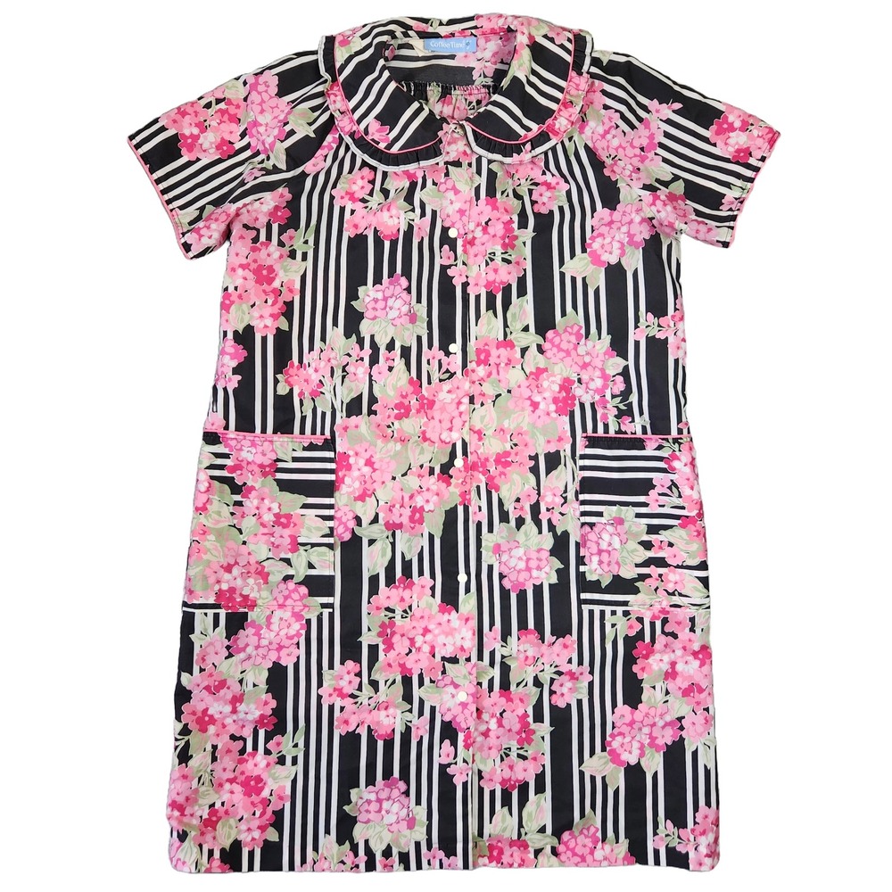 Vtg 70s Coffee Time Floral House Dress Womens L Ruffle Collar Retro‎ Rockabilly